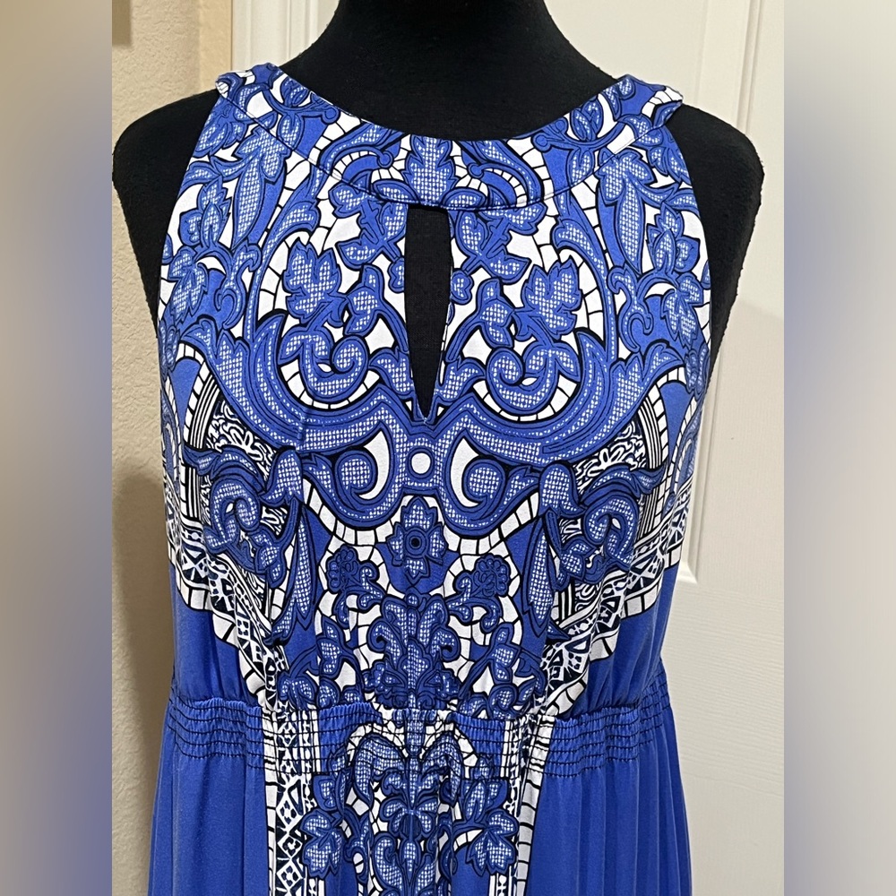SOMA INTIMATE MAXI HALTER DRESS Blue and White ABSTRACT FLORAL PRINT SIZE L - Picture 9 of 12